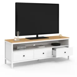 Meuble TV 3 tiroirs blanc et plateau bois 140 cm