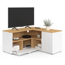 Meuble TV 90 x 90 cm d'angle façon hêtre et blanc