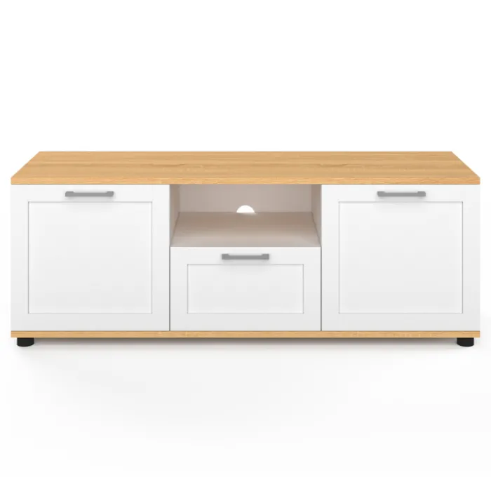 Meuble TV blanc et bois 110 cm avec tiroir et niche