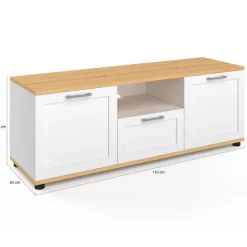 Meuble TV blanc et bois 110 cm avec tiroir et niche