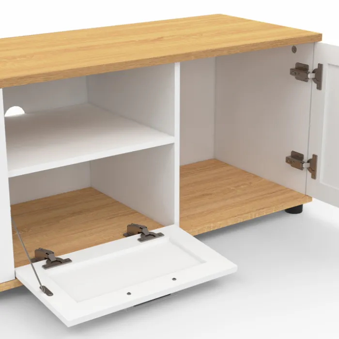 Meuble TV blanc et bois 110 cm avec tiroir et niche
