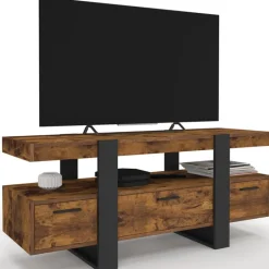 Meuble TV bois effet vieilli et noir avec tiroirs