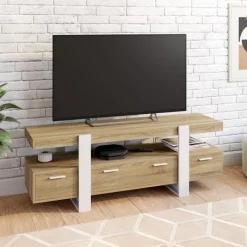 Meuble TV bois et blanc 140 cm avec tiroirs