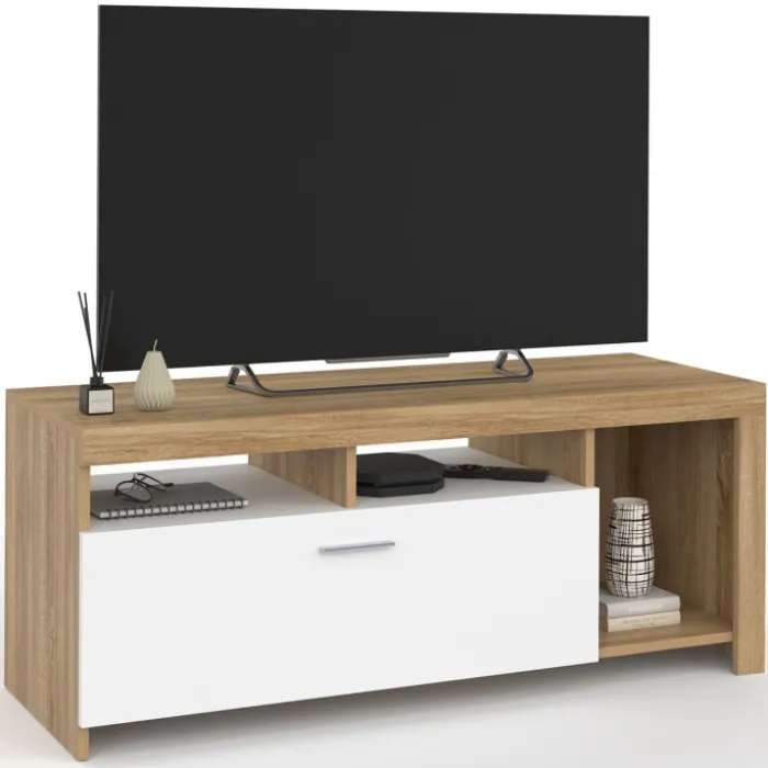 Meuble TV bois et placard blanc moderne