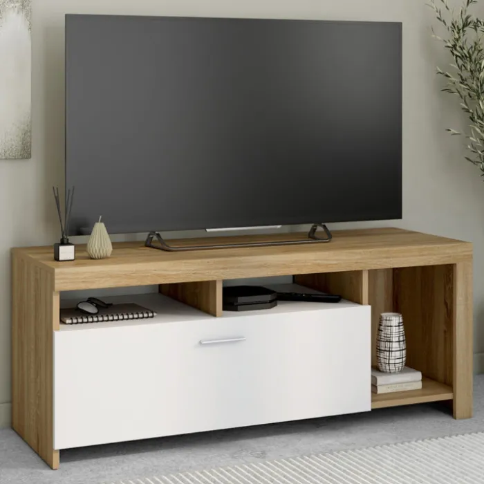 Meuble TV bois et placard blanc moderne