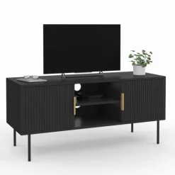 Meuble TV bois noir 110 cm 2 portes effet lattes