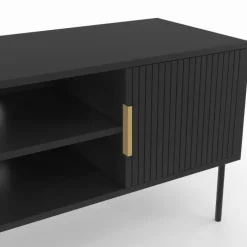 Meuble TV bois noir 110 cm 2 portes effet lattes