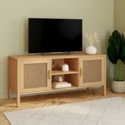Meuble TV cannage 110 cm avec 2 portes
