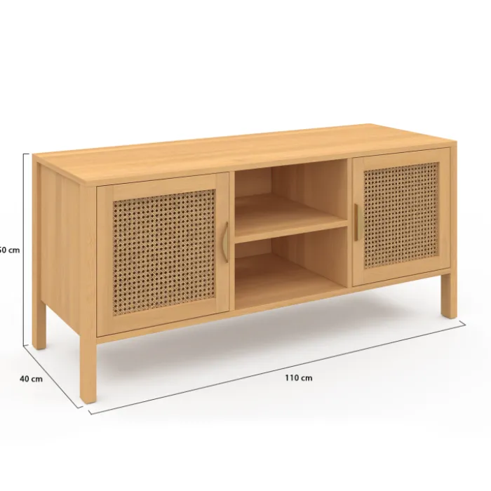 Meuble TV cannage 110 cm avec 2 portes