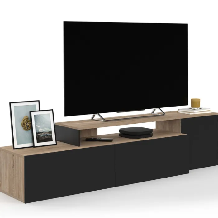 Meuble TV 180-240 cm modulable d’angle rotatif bois et noir
