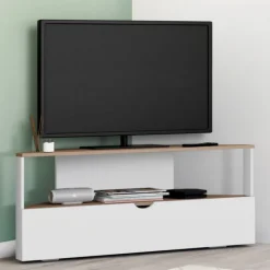 Meuble TV d'angle 100 cm en bois façon hêtre et blanc