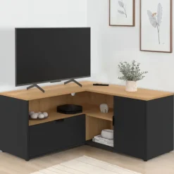 Meuble TV d'angle 90 x 90 cm façon hêtre et noir