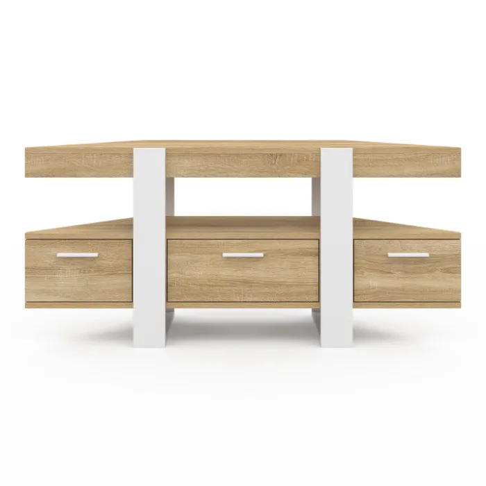 Meuble TV d'angle bois et blanc 110cm avec tiroir