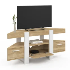 Meuble TV d'angle bois et blanc 110cm avec tiroir
