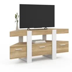 Meuble TV d'angle bois et blanc 110cm avec tiroir