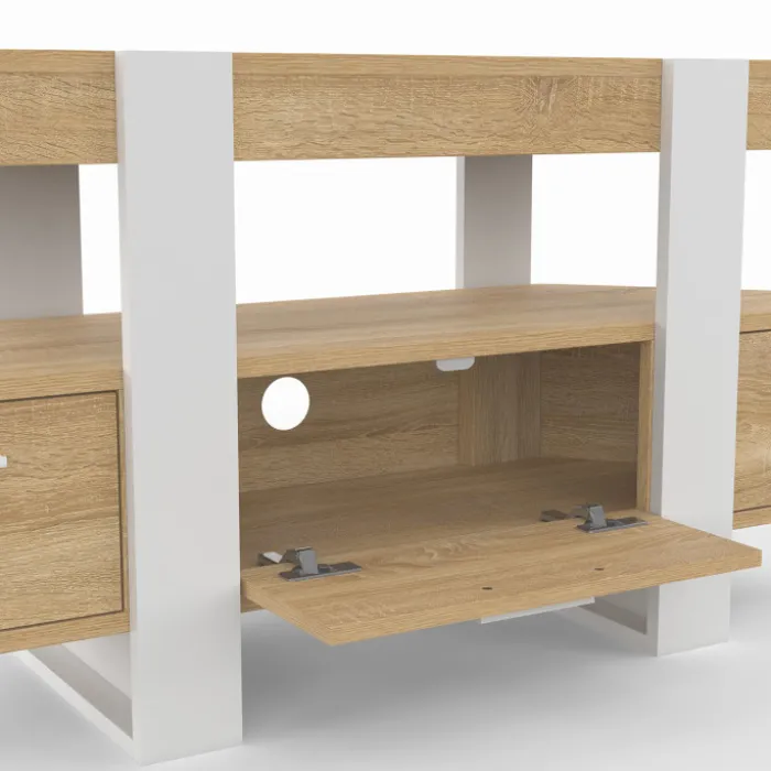 Meuble TV d'angle bois et blanc 110cm avec tiroir