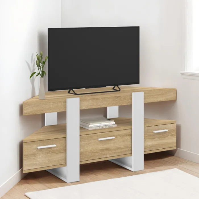 Meuble TV d'angle bois et blanc 110cm avec tiroir