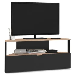 Meuble TV d'angle bois façon hêtre et noir 100 cm