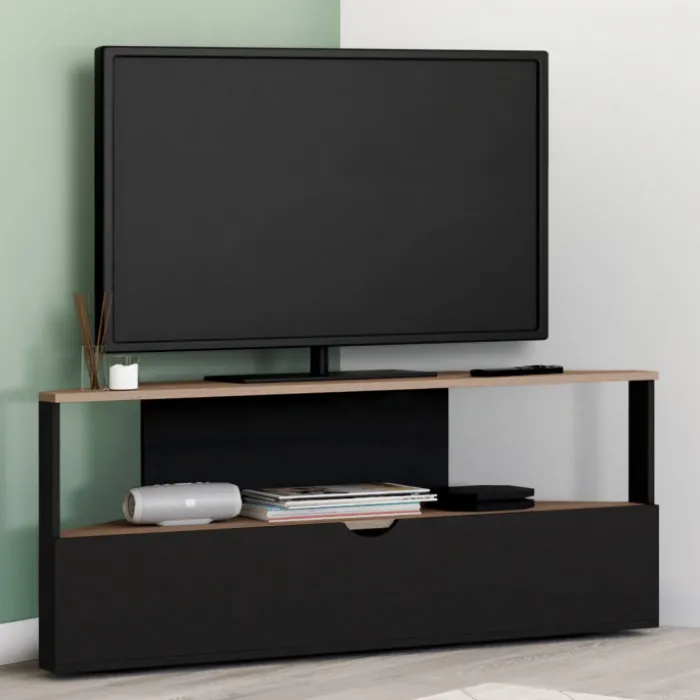 Meuble TV d'angle bois façon hêtre et noir 100 cm