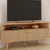Meuble TV d’angle 110 cm porte effet lattes coloris chêne