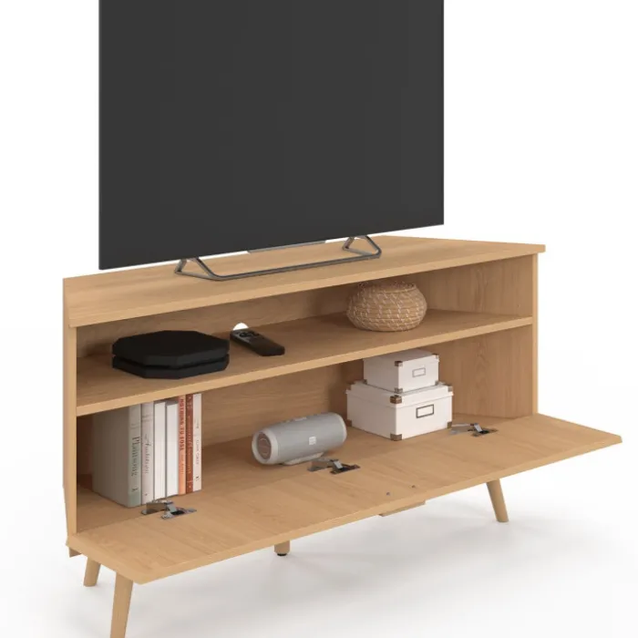 Meuble TV d’angle 110 cm porte effet lattes coloris chêne