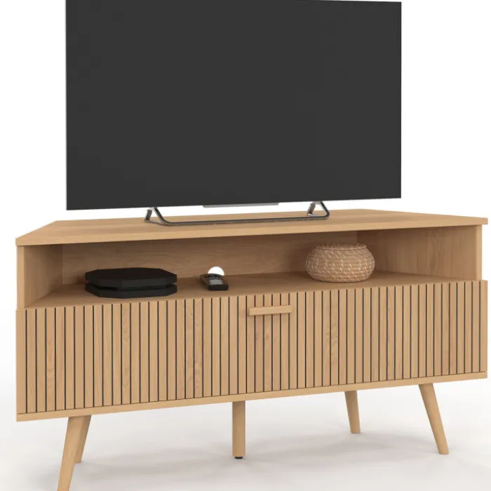 Meuble TV d’angle 110 cm porte effet lattes coloris chêne