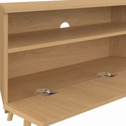 Meuble TV d’angle 110 cm porte effet lattes coloris chêne