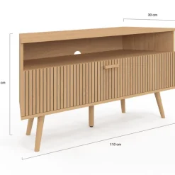 Meuble TV d’angle 110 cm porte effet lattes coloris chêne