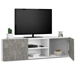 Meuble TV d'angle effet béton et blanc 110 cm