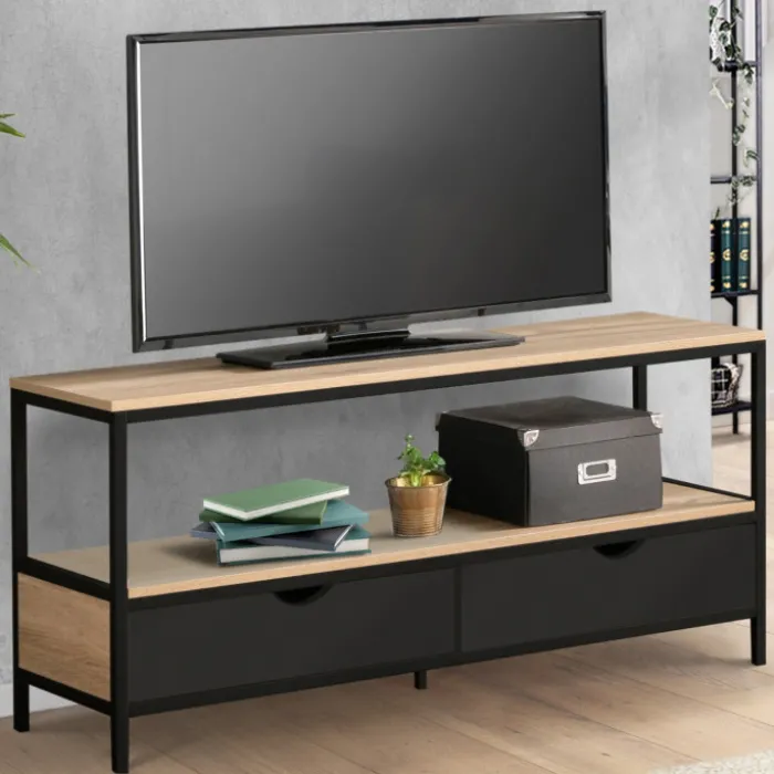 Meuble TV en bois et métal noir 2 tiroirs