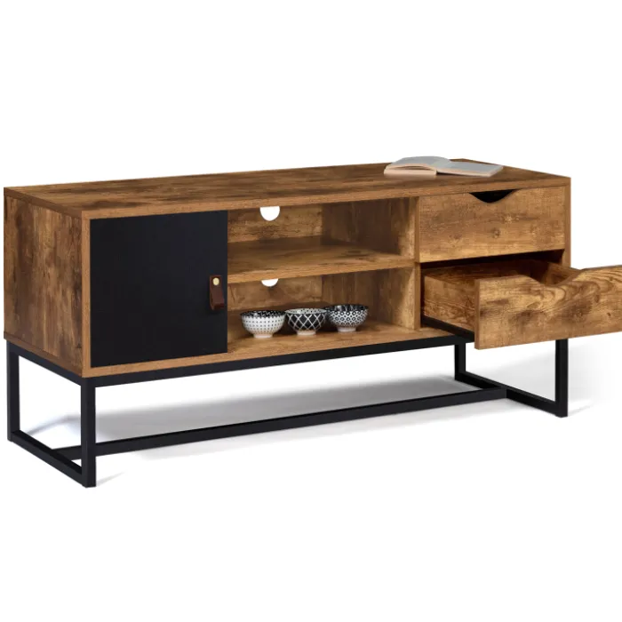 Meuble TV industriel bois métal 2 tiroirs avec placard
