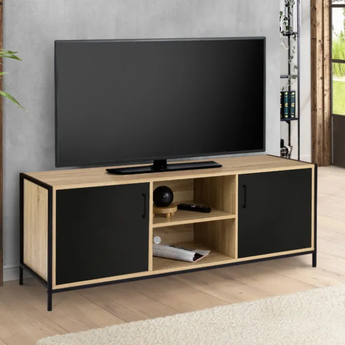 Meuble TV industriel métal et bois avec 2 portes