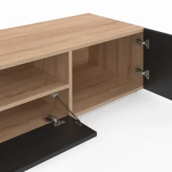 Meuble TV moderne 140cm bois façon hêtre portes noires