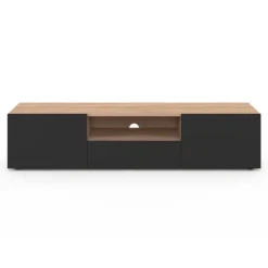 Meuble TV moderne 140cm bois façon hêtre portes noires
