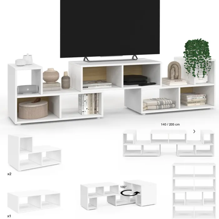 Meuble TV modulable 3 modules multifonction blanc et effet bois