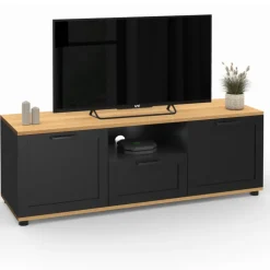 Meuble TV noir et bois 110 cm avec tiroir et niche