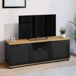 Meuble TV noir et bois 110 cm avec tiroir et niche