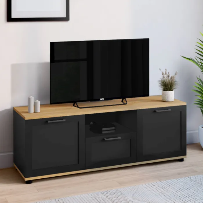 Meuble TV noir et bois 110 cm avec tiroir et niche