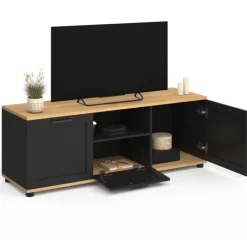 Meuble TV noir et bois 110 cm avec tiroir et niche