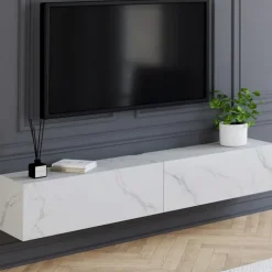 Meuble TV suspendu 2 portes bois effet marbre 180 cm