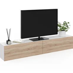 Meuble TV suspendu blanc et bois