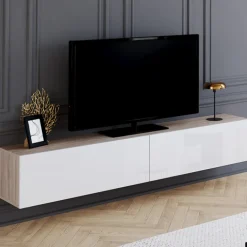 Meuble TV suspendu bois et blanc