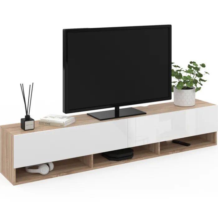 Meuble TV suspendu bois et blanc 180 cm avec étagères
