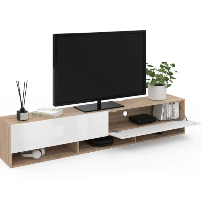 Meuble TV suspendu bois et blanc 180 cm avec étagères