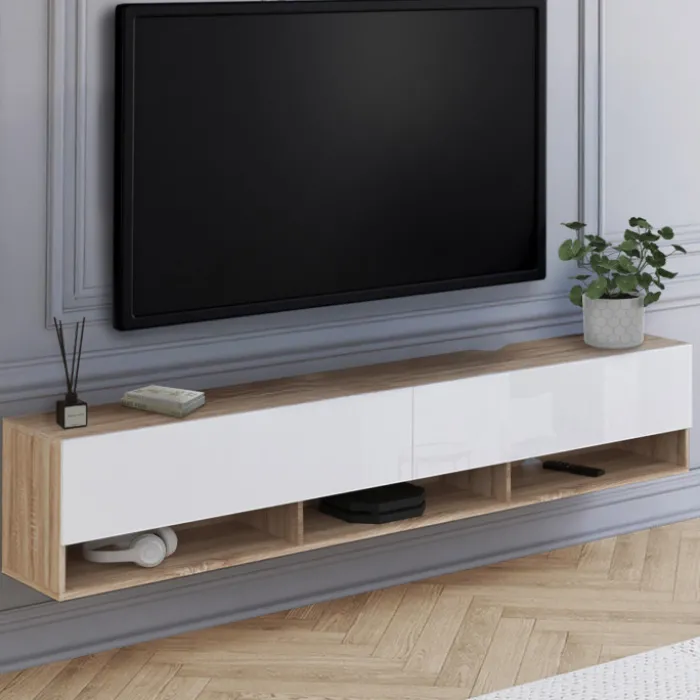 Meuble TV suspendu bois et blanc 180 cm avec étagères