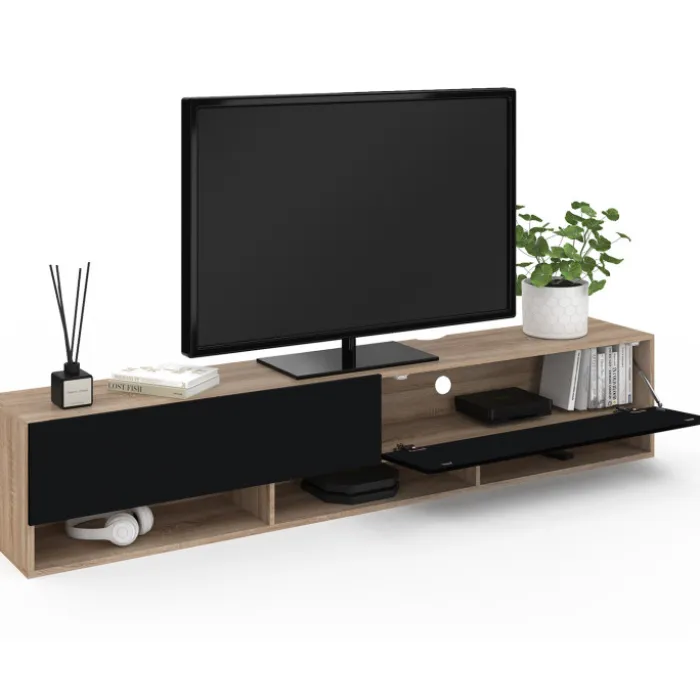 Meuble TV suspendu noir et bois 180 cm avec étagères