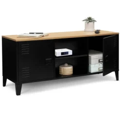 Meuble TV vestiaire portes métal et plateau bois 113 cm