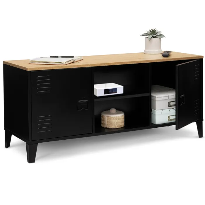 Meuble TV vestiaire portes métal et plateau bois 113 cm