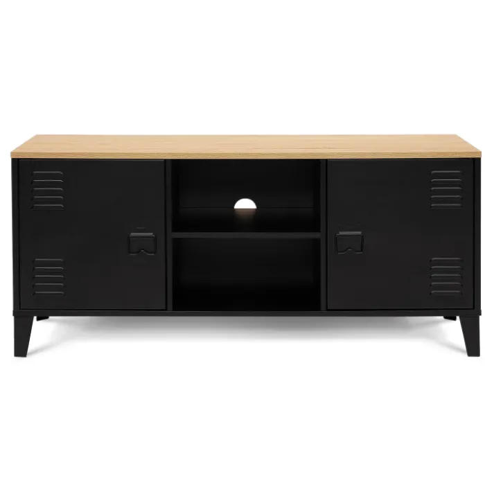Meuble TV vestiaire portes métal et plateau bois 113 cm