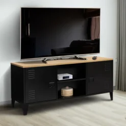 Meuble TV vestiaire portes métal et plateau bois 113 cm
